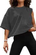Women's Oversize Workout Crop Tops Casual Short Sleeve Drop Shoulder Boxy T-Shirts Roll Hem Basic Loose Yoga Running Tees