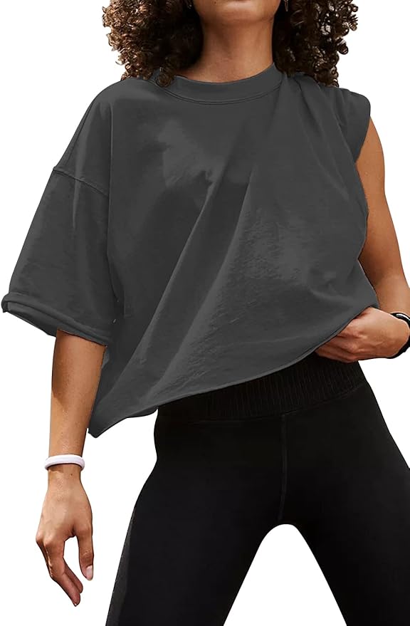 Women's Oversize Workout Crop Tops Casual Short Sleeve Drop Shoulder Boxy T-Shirts Roll Hem Basic Loose Yoga Running Tees