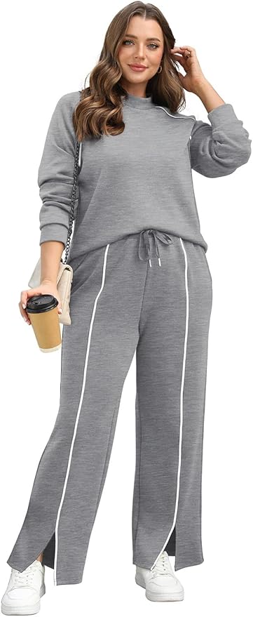 WIHOLL Lounge Sets for Women 2 Piece Fall Outfits 2025 Wide Leg Pant Matching Sets Womens Clothing