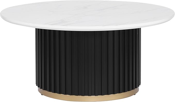 Modern Round Coffee Table with Fluted Pedestal Circle Coffee Table with Faux Marble Tabletop for Bedroom,Apartment,Living Room White