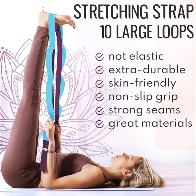 TECEUM Stretching Strap for Yoga & Physical Therapy – 10 Loops – Non-elastic Leg Stretch Straps for Stretching, Exercising, Pilates, Post-injury Rehabilitation for All Levels – Men & Women