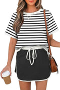 Opemiby Womens 2 Piece Skort Set 2026 Color Block Short Sleeve Top Drawstring Skort Matching Sets Casual Lounge Summer Outfit