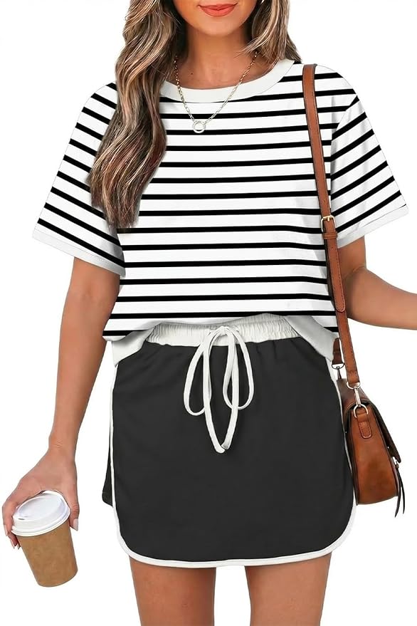 Opemiby Womens 2 Piece Skort Set 2026 Color Block Short Sleeve Top Drawstring Skort Matching Sets Casual Lounge Summer Outfit