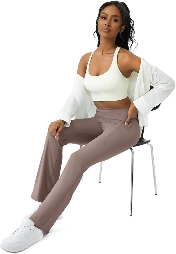 COPYLEAF Womens Yoga Pants with Pockets High Waisted Flare Leggings Bell Bottom Yoga Dress Pants Seamless Bootcut Pants