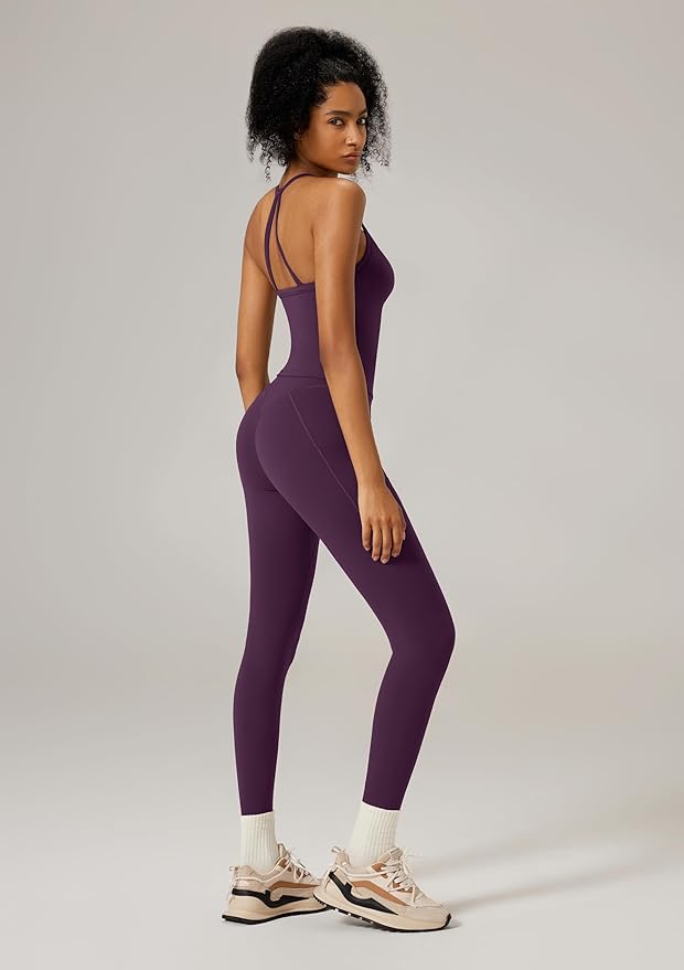 RXRXCOCO Cross Back Workout Sets for Women 2 Piece Padded Tank Tops Hidden Scrunch Leggings Gym Outfits with Pockets