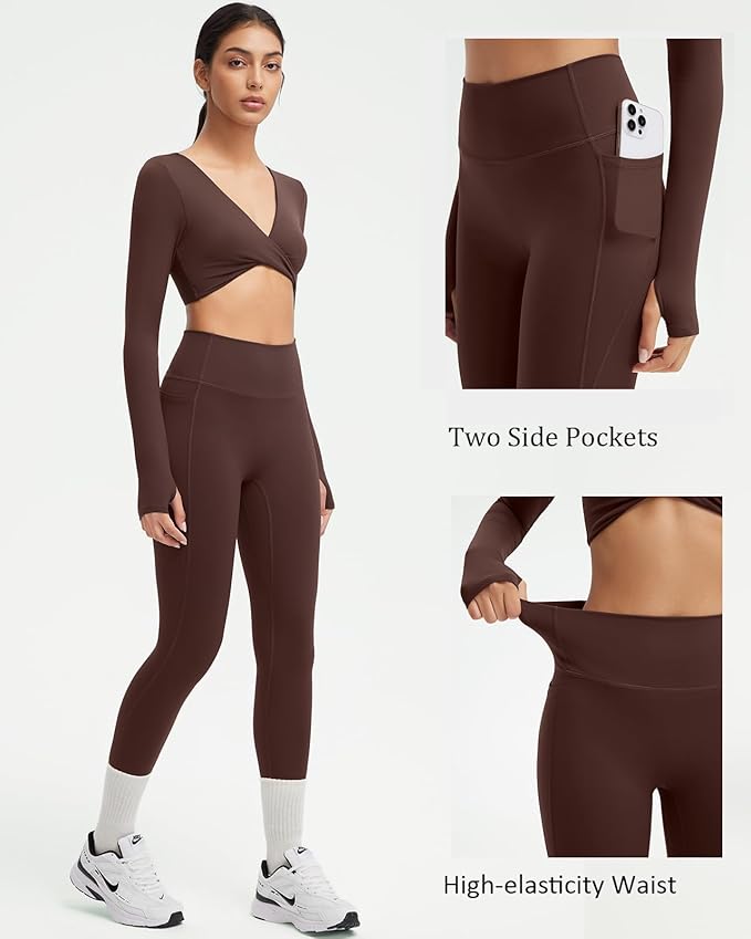 SUUKSESS Women 2 Piece Workout Sets Long Sleeve Twist Deep V Crop Padded Tops Yoga Leggings with Side Pockets