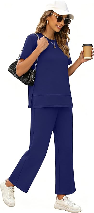 XIEERDUO Women's Side Slit Lounge Sets 2026 Fashion 2 Piece Travel Outfits Cozy Loungewear Wide Leg Tracksuits S-3XL