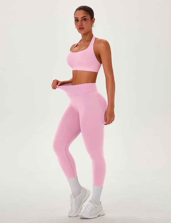 TDIFFUN Women Workout Sets 2 Piece Seamless Scrunch Butt Leggings Padded Halter Sports Bra Matching Set Gym Yoga Outfits