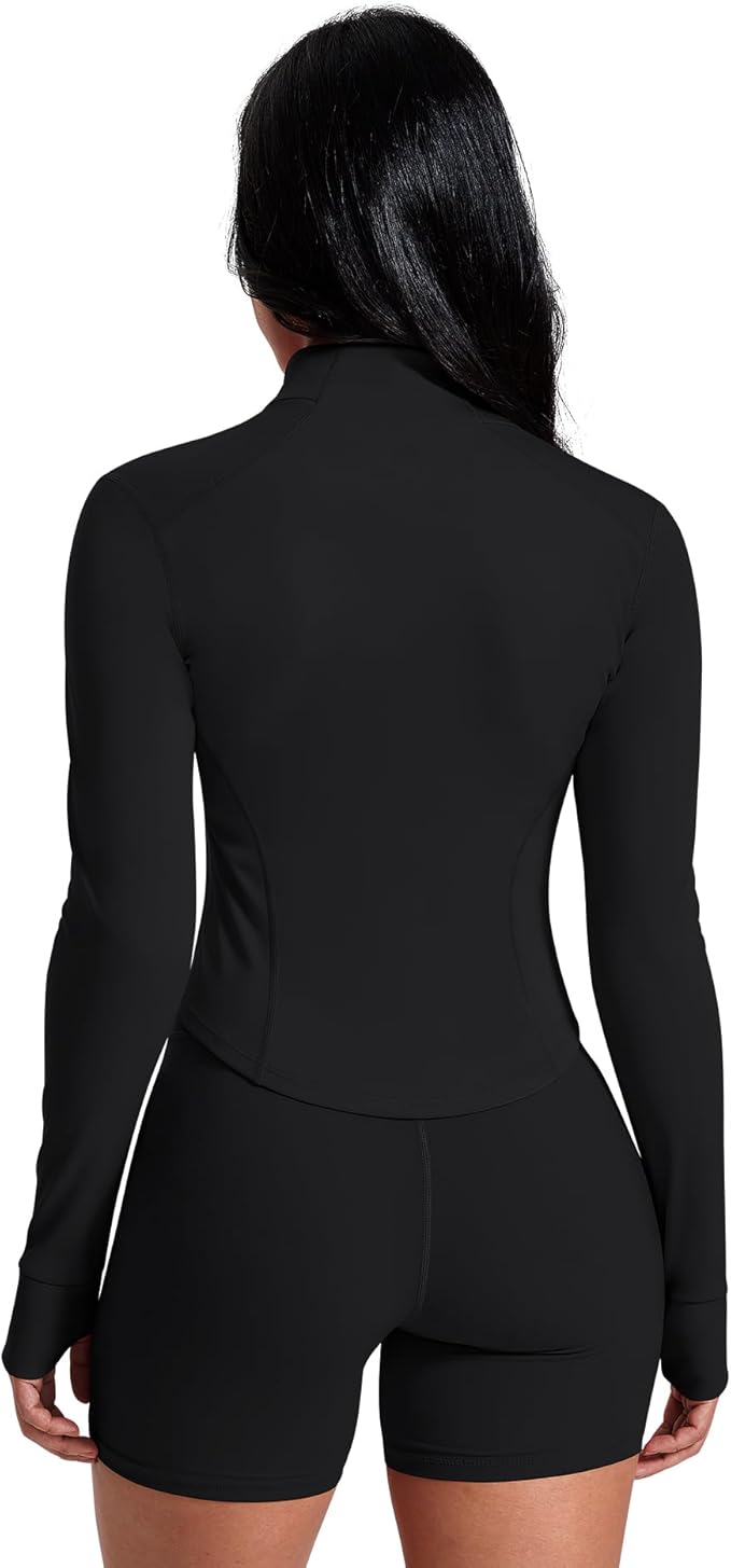 AVGO Women's Workout Jacket Lightweight Zip Up Crop Top Running Sportwear Slim Fit Gym Jackets With Thumb Holes