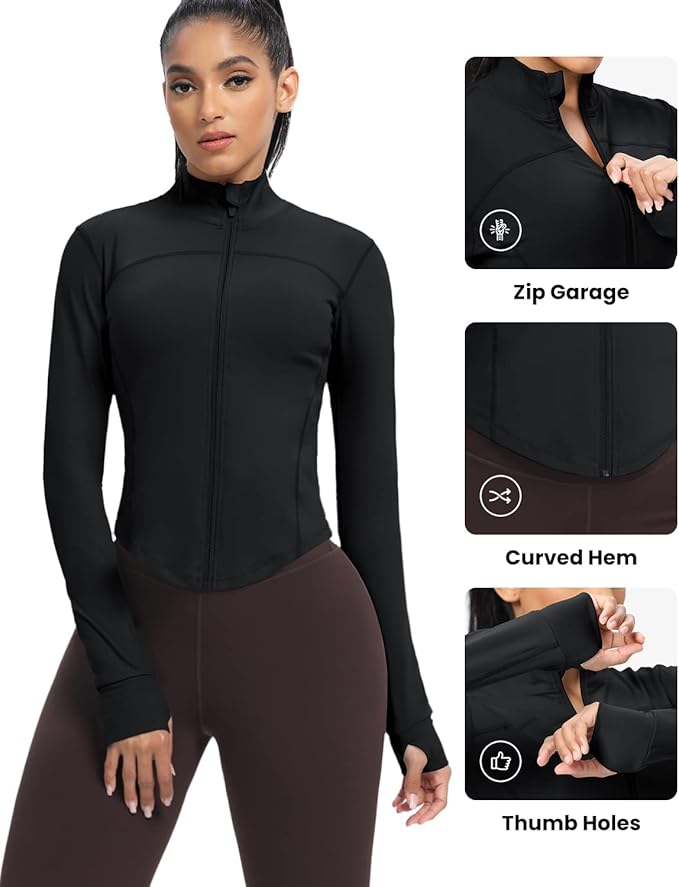 AVGO Women's Cropped Running Workout Jackets Zip Slim Fit Athletic Tops with Thumb Holes
