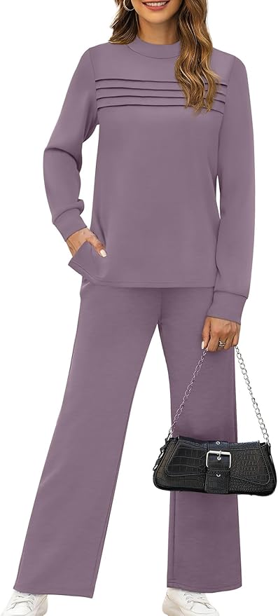 WIHOLL Two Piece Sets for Women Spring Travel Vacation Outfits 2026 Long Sleeve Lounge Sets Side Slit Wide Leg Pants S-3XL
