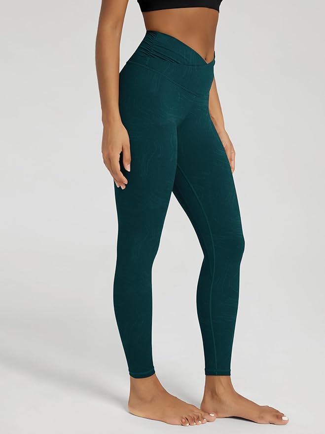 ODODOS Women's Cross Waist Yoga Leggings with Inner Pocket, 23"/25"/28" Gathered Crossover Workout Yoga Pants
