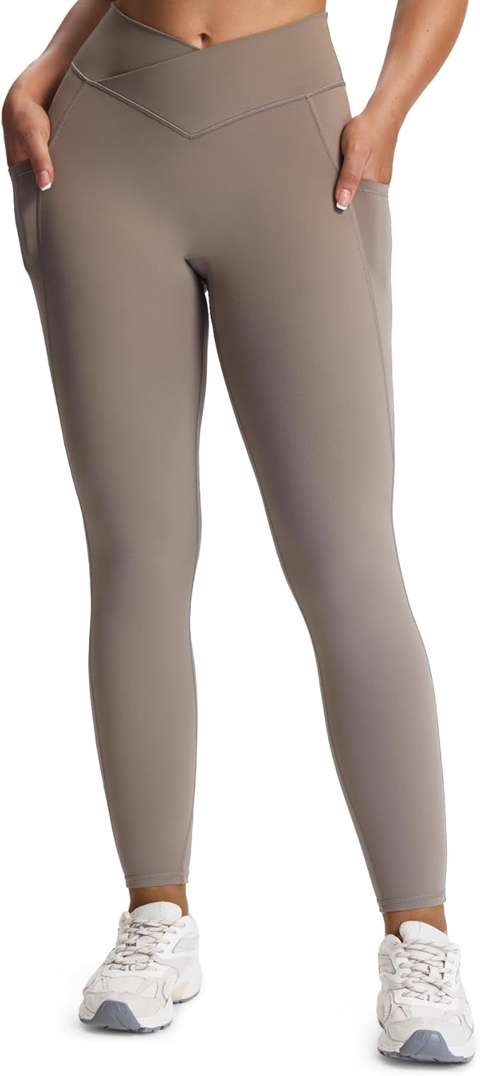 Aoxjox Women's Trinity High Waisted Yoga Pants with Pockets Cross-Waist Tummy Control Buttery Soft Workout Leggings 26"