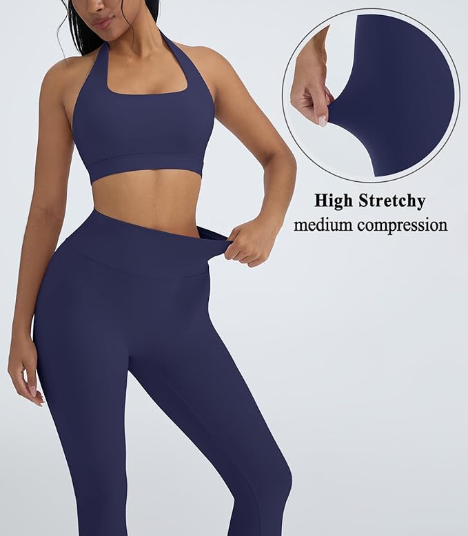 OMKAGI 2 Piece Workout Sets for Women Halter Sports Bras Gym Sets Booty Leggings Outfits