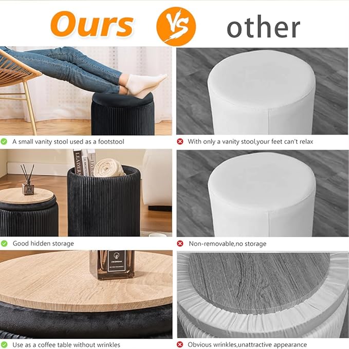 BLEXA Round Set of 2 Ottoman with Storage-Upholstered Velvet Vanity Stool for Makeup Multifunctional Ottomans Coffee Table Padded Seat Foot Rest for Living Room&Bedroom (Black)