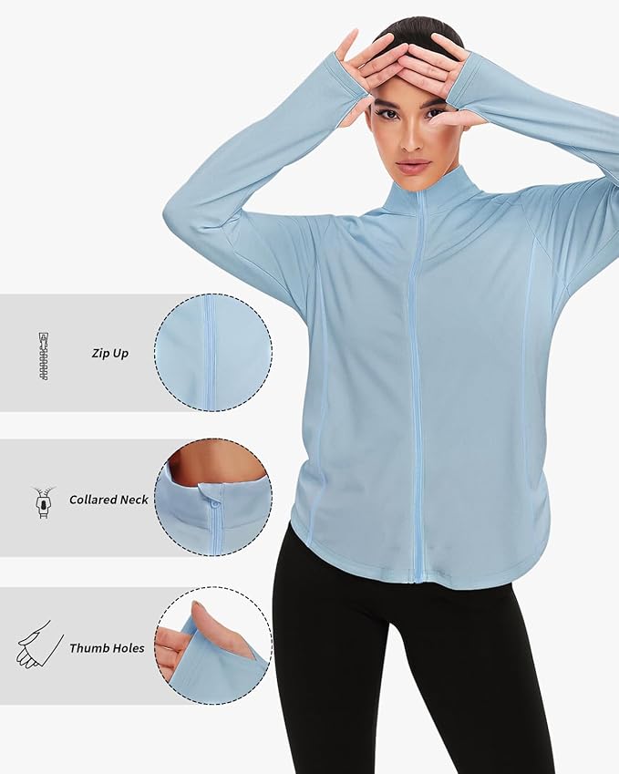Vldnery Women's UPF 50+ Sun Protection Lightweight Jacket Zip Up Long Sleeve Sun Shirt for Women with Thumb Hole Hiking