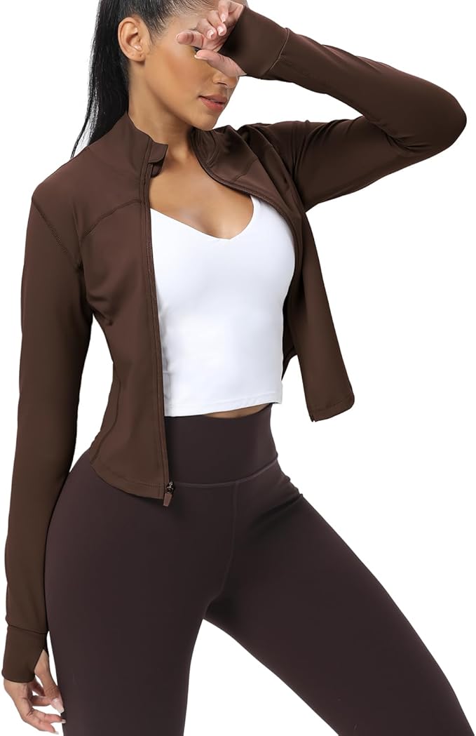 AVGO Women's Cropped Running Workout Jackets Zip Slim Fit Athletic Tops with Thumb Holes
