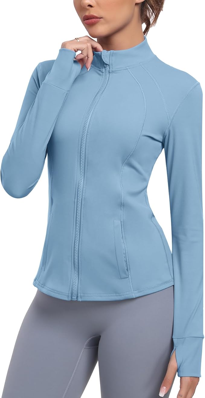 Women's Athletic Full Zip Lightweight Workout Jacket With Pockets Running Yoga Sportwear With Thumb Holes