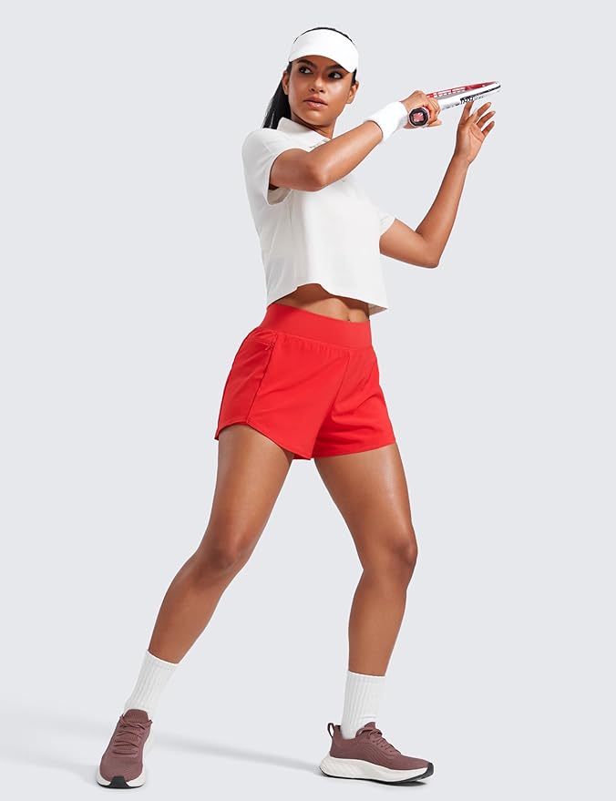 CRZ YOGA 2 in 1 Double Layer Running Shorts for Women 3" - High Waisted for Athletic Tennis Workout with Zip Pockets