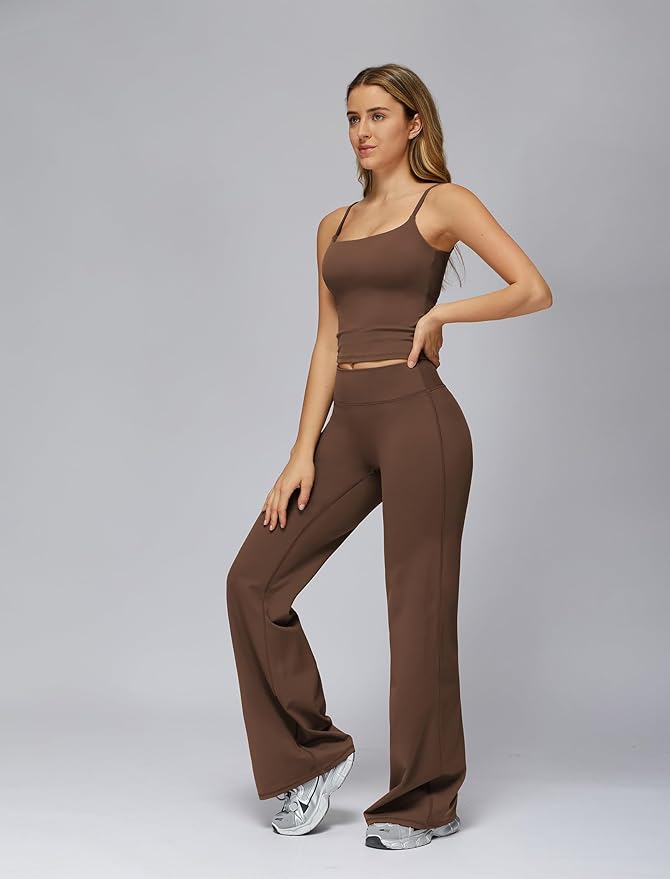 QBGJTD Womens Workout Sets Two Piece Spaghetti Straps Crop Top Matching Straight Leg Pants Gym Work Pilates Outfits