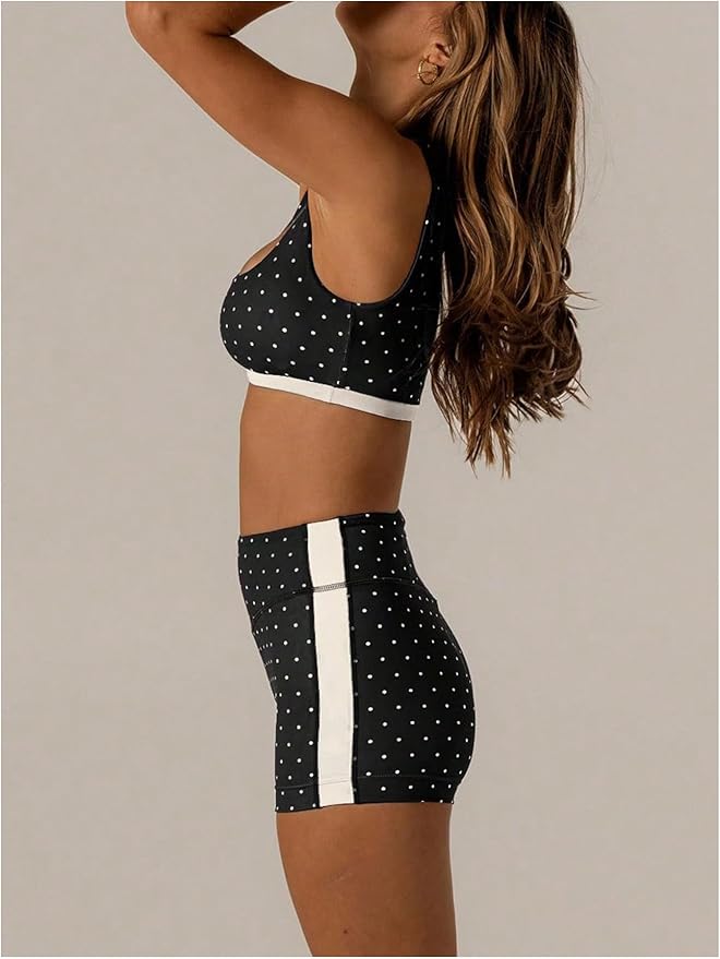 Milumia Women's Polka Dots Workout Set 2 Piece Color Block Yoga Outfit Bra Tank High Waisted Biker Shorts