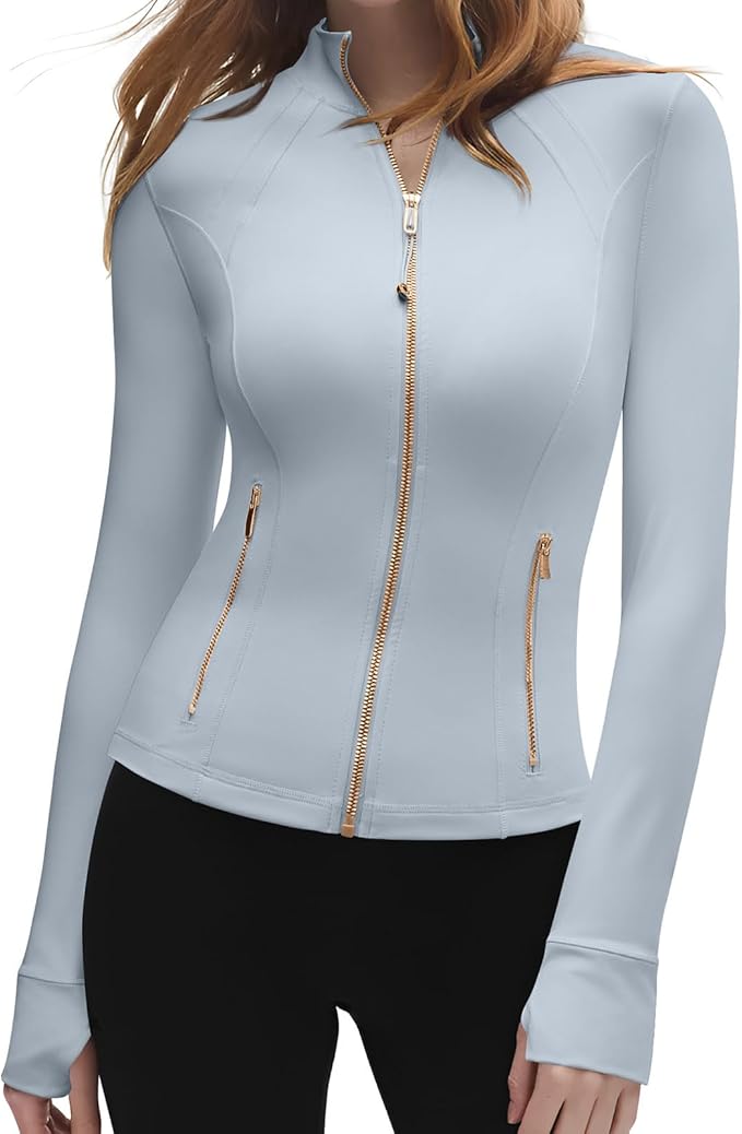 SUUKSESS Women Golden Full Zip Up Workout Cropped Jackets Lightweight Athletic Yoga Tops