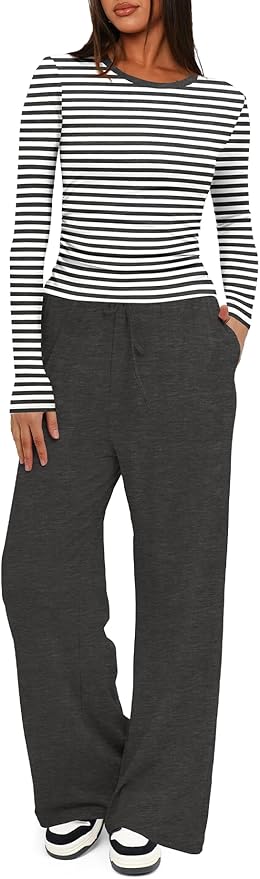 Darong Women's 2 Piece Outfits Lounge Sets 2026 Long Sleeve Tops Wide Leg Pants Casual Matching Set