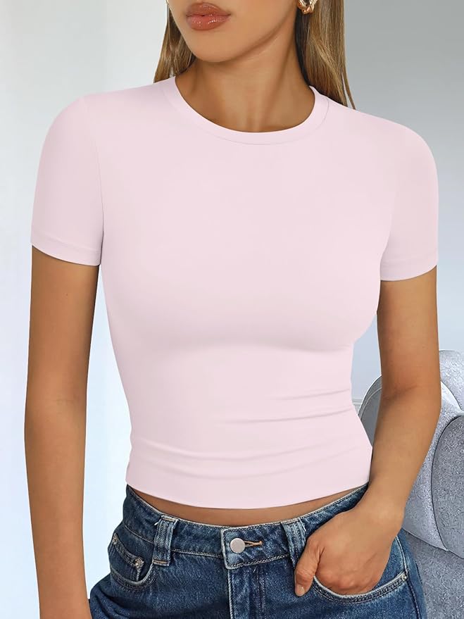 Trendy Queen Womens Short Sleeve T Shirts - Buttery Soft Summer Crop Tops Slim Fit Y2k Basic Tees for Workout