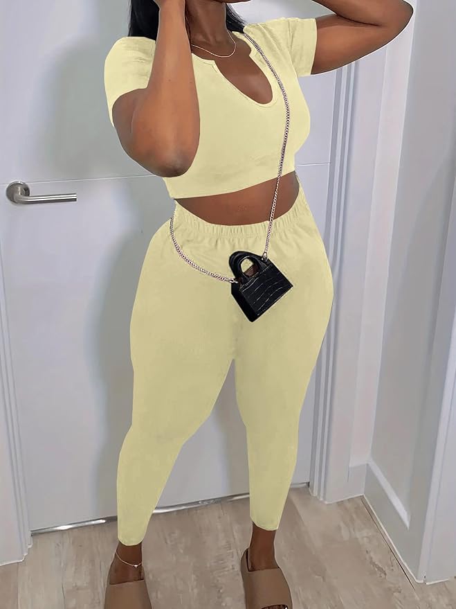 Nimsruc 2 Piece Sets For Women Sexy Casual Workout Crop Short Sleeve Long pants Leggings Sets Summer Active Wear