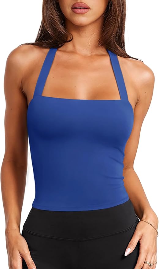 LASLULU Womens Sexy Halter Sports Bra Workout Tops Wirefree Sleeveless Gym Yoga Tank Tops Y2k Casual Crop