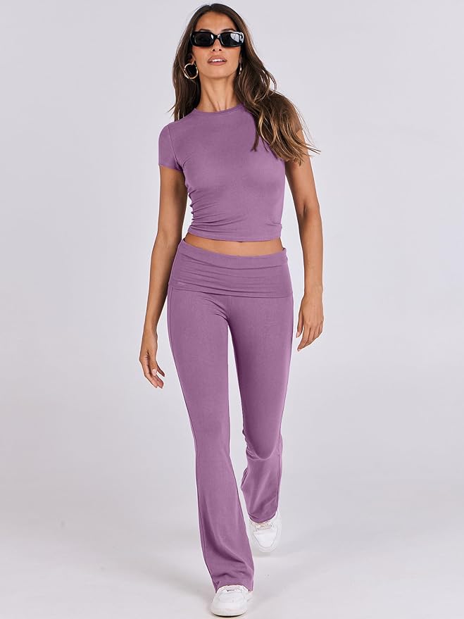 ANRABESS Lounge Sets for Women 2 Piece Foldover Yoga Flare Leggings Pants Crop Tops Casual Y2K Outfits Matching Tracksuit Set