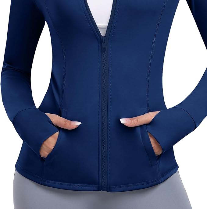 Women's Athletic Full Zip Lightweight Workout Jacket With Pockets Running Slim Fit Yoga Sportwear With Thumb Holes