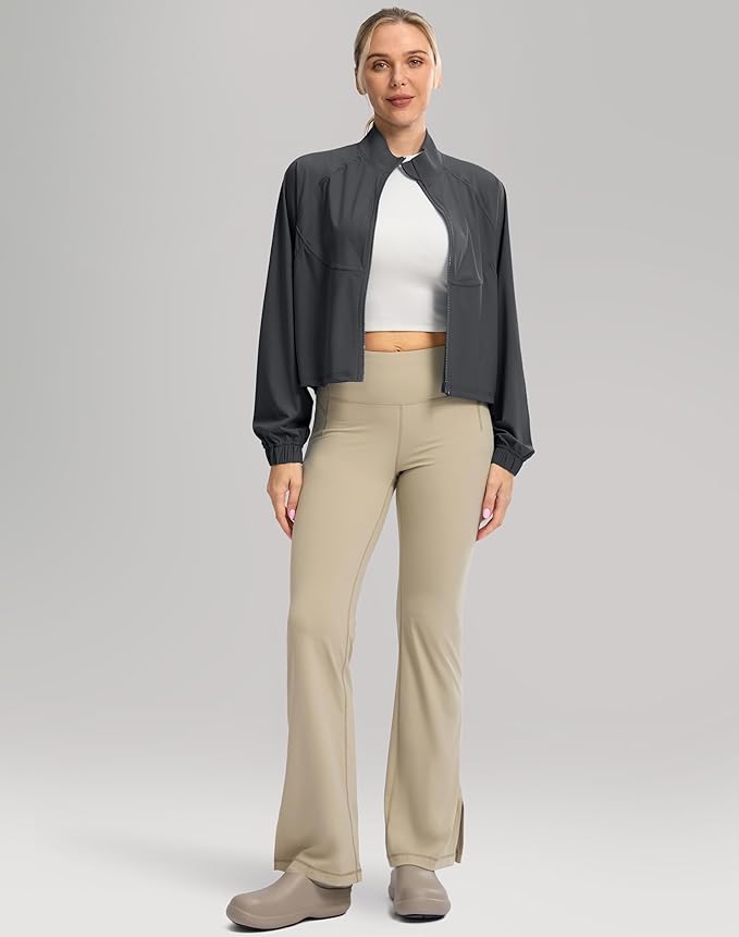 Soothfeel Women's Athletic workout Jacket Lightweight UPF 50+ Long Sleeve Sun Protection Shirts Zip Up Cropped Hiking Tops
