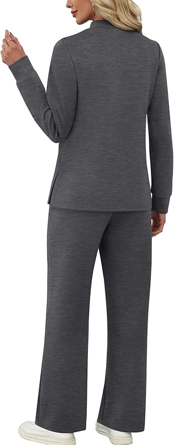 WIHOLL Two Piece Sets for Women Spring Travel Vacation Outfits 2026 Long Sleeve Lounge Sets Side Slit Wide Leg Pants S-3XL