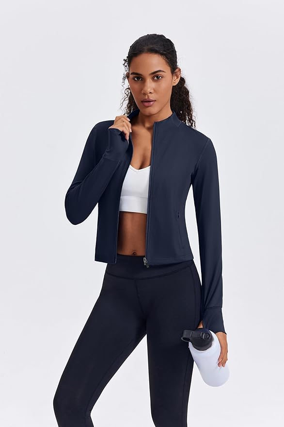 PINSPARK Women Cropped Workout Jackets Full Zip Slim Fit Athletic Jackets Thumb Holes Running Jacket with Zipper Pockets