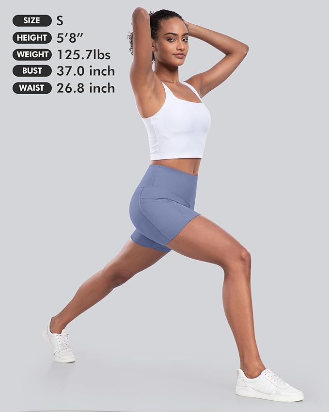 CHRLEISURE Womens Biker Yoga Shorts with Pocket, High Waisted Tummy Control 5 Inch Workout Spandex Athletic Gym Shorts