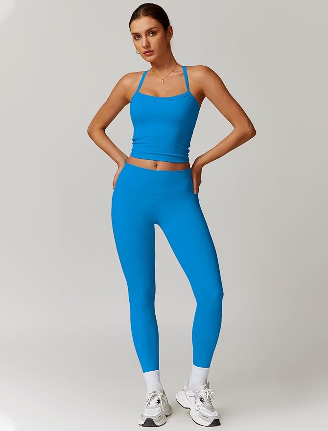 QBGJTD Womens Workout Sets Two Piece Cross Back Tank Top Matching High Waist Leggings Sets Gym Outfits Work Out Clothes