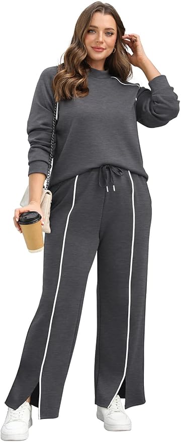 WIHOLL Lounge Sets for Women 2 Piece Fall Outfits 2025 Wide Leg Pant Matching Sets Womens Clothing