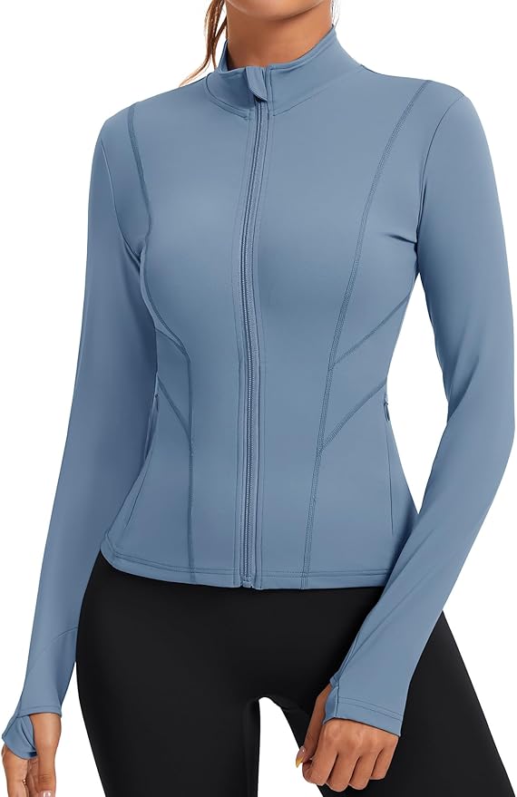 Rapbin Women's Slim Fit Workout Jackets Full Zip Long Sleeve Running Athletic Tops Yoga Shirts with Thumb Holes