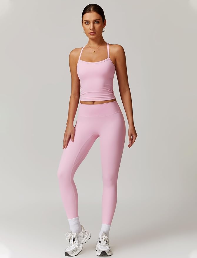 QBGJTD Womens Workout Sets Two Piece Cross Back Tank Top Matching High Waist Leggings Sets Gym Outfits Work Out Clothes