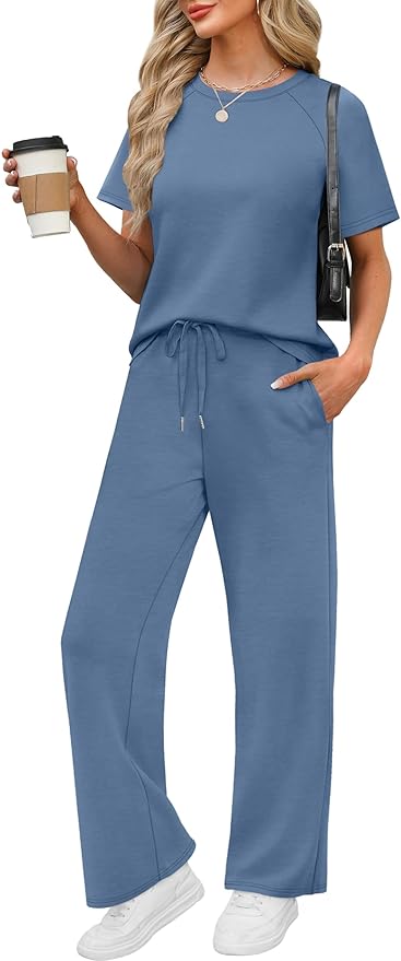 WIHOLL 2 Piece Sets for Women Resort Wear Travel Vacation Outfits Summer Short Sleeve Lounge Sets
