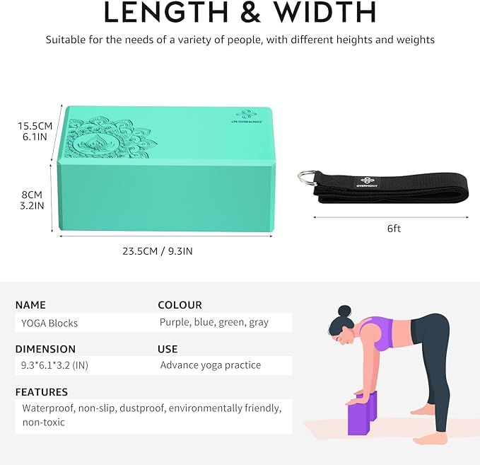 Overmont Yoga Block 2 Pack Supportive Latex-Free EVA Foam Soft Non-Slip Surface for General Fitness Pilates Stretching and Meditation 9"x6"x3" Yoga Strap Included