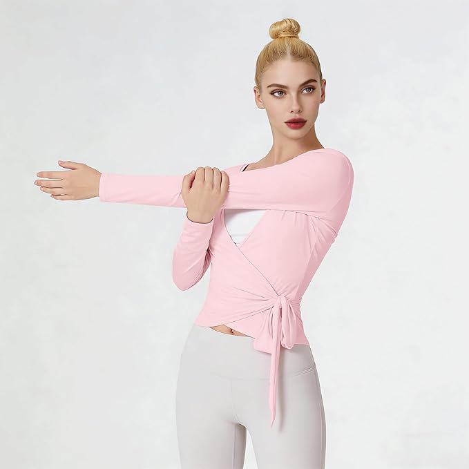Women Pilates Wrap Top Ballet Tie Workout Shirt Long Sleeve Cross Sexy Deep V Neck Yoga Coquette Blouses Y2k Active Gym