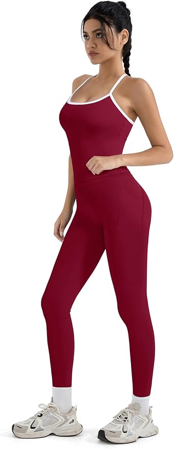 SUUKSESS Women 2 Piece Workout Sets Compression Tummy Control Leggings with Pockets Halter Built in Bra Tank Tops