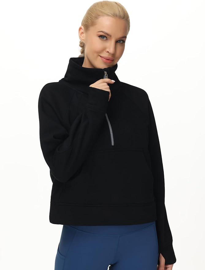 THE GYM PEOPLE Womens' Half Zip Pullover Fleece Stand Collar Crop Sweatshirt with Pockets Thumb Hole
