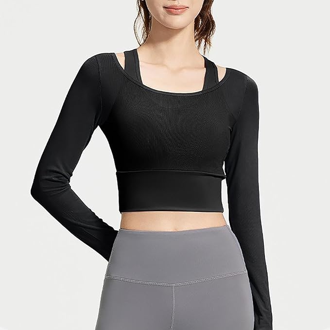 Women's 2 in 1 Yoga Long Sleeve Mesh Gym Athletic Tops Stretch Workout Pilates Shirts with Comfortable Sports Bra