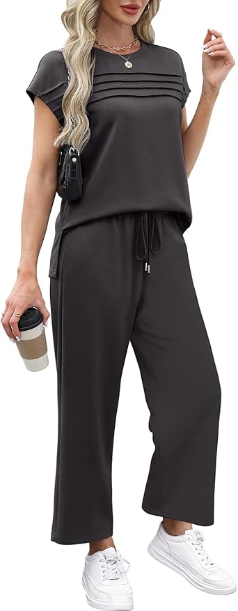 WIHOLL Two Piece Sets for Women Summer Spring Travel Vacation Outfits Cap Sleeve Lounge Matching Sets Wide Leg Pants S-3XL