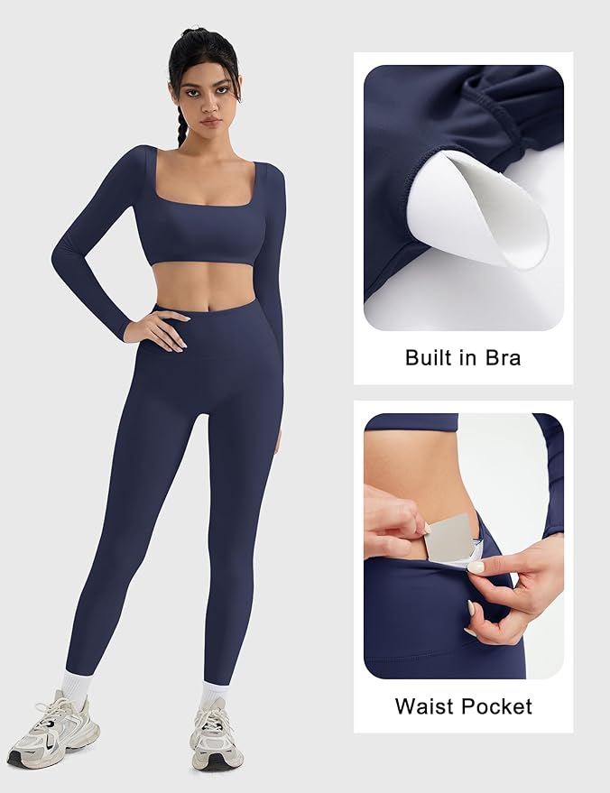 SUUKSESS Women 2 Piece Workout Sets Compression Tummy Control Leggings with Pockets Long Sleeve Square Neck Padded Crop Tops