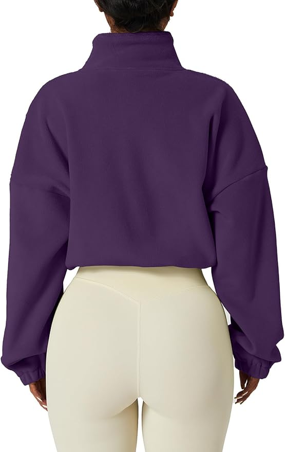 QINSEN Women's Full Zip Fleece Short Jacket Warm Winter Long Sleeve Stand Collar Sherpa Crop Coat