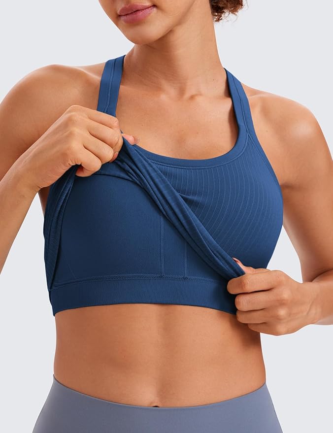 CRZ YOGA Seamless Ribbed Scoop Neck Tank Top for Women - Workout Racerback Padded Athletic Camisole with Built in Bra